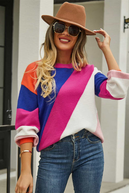 Color Block Round Neck Long Sleeve Sweater