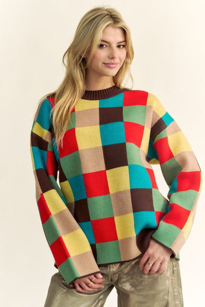 Color Block Checkered Dropped Shoulder Sweater