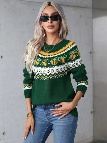 Geometric Round Neck Long Sleeve Sweater