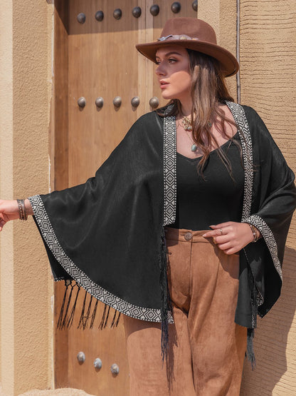 Plus Geometric Open Front Fringe Hem Cardigan