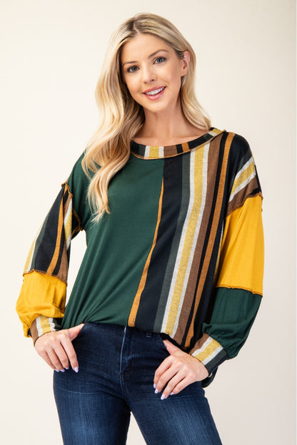 Striped Color Block Long Sleeve Tops