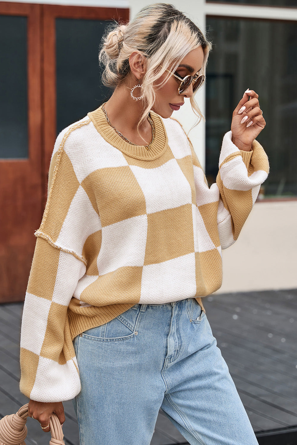 Checkered Exposed Seam Drooped Shoulder Sweater