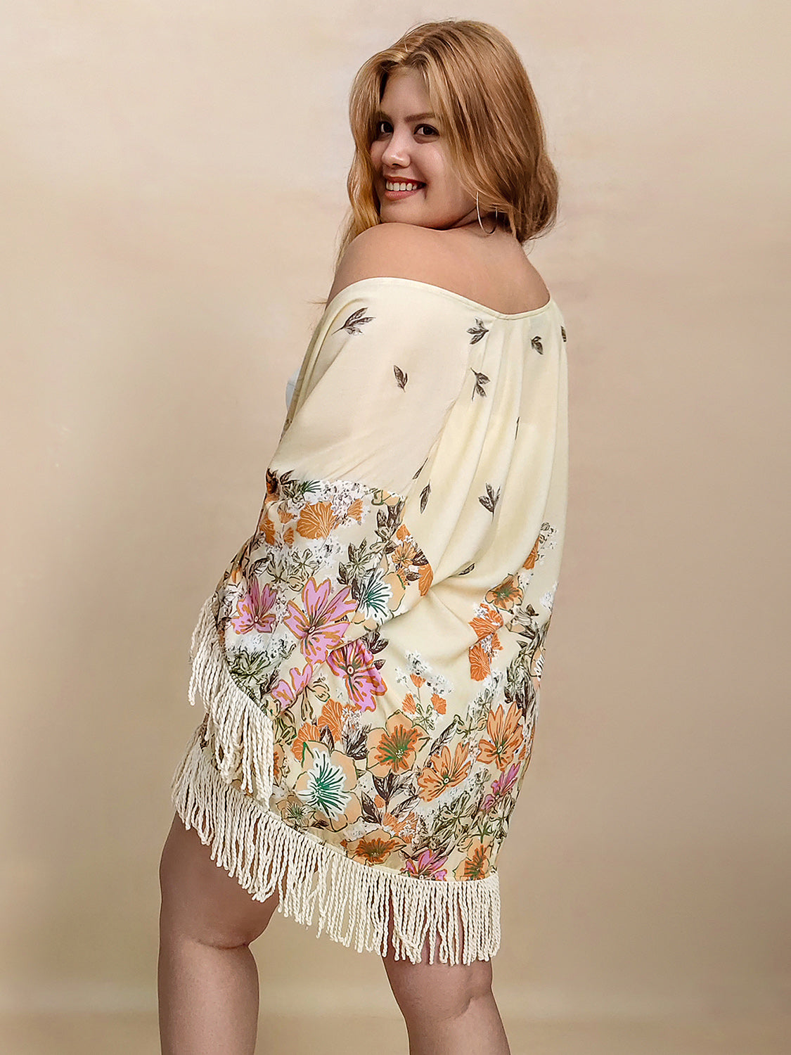 Plus Fringe Printed Open Front Cardigan