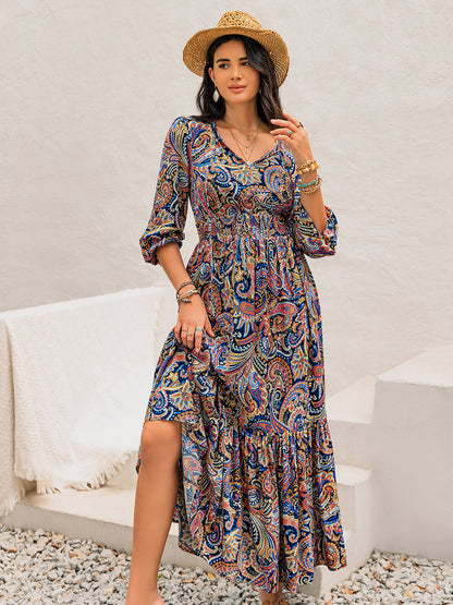 Print Tie Neck Long Sleeve Midi Dress