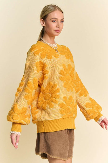 Flower Texture Round Neck Dropped Shoulder Sweater