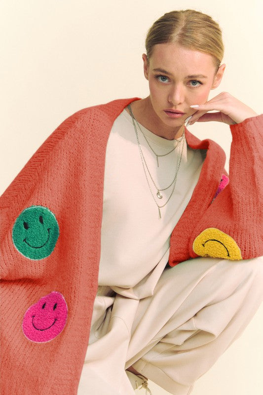 Fuzzy Smile Open Front Long Sleeve Cardigan