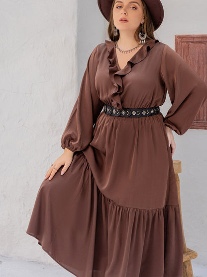 Plus V-Neck Ruffle Trim Maxi Dress