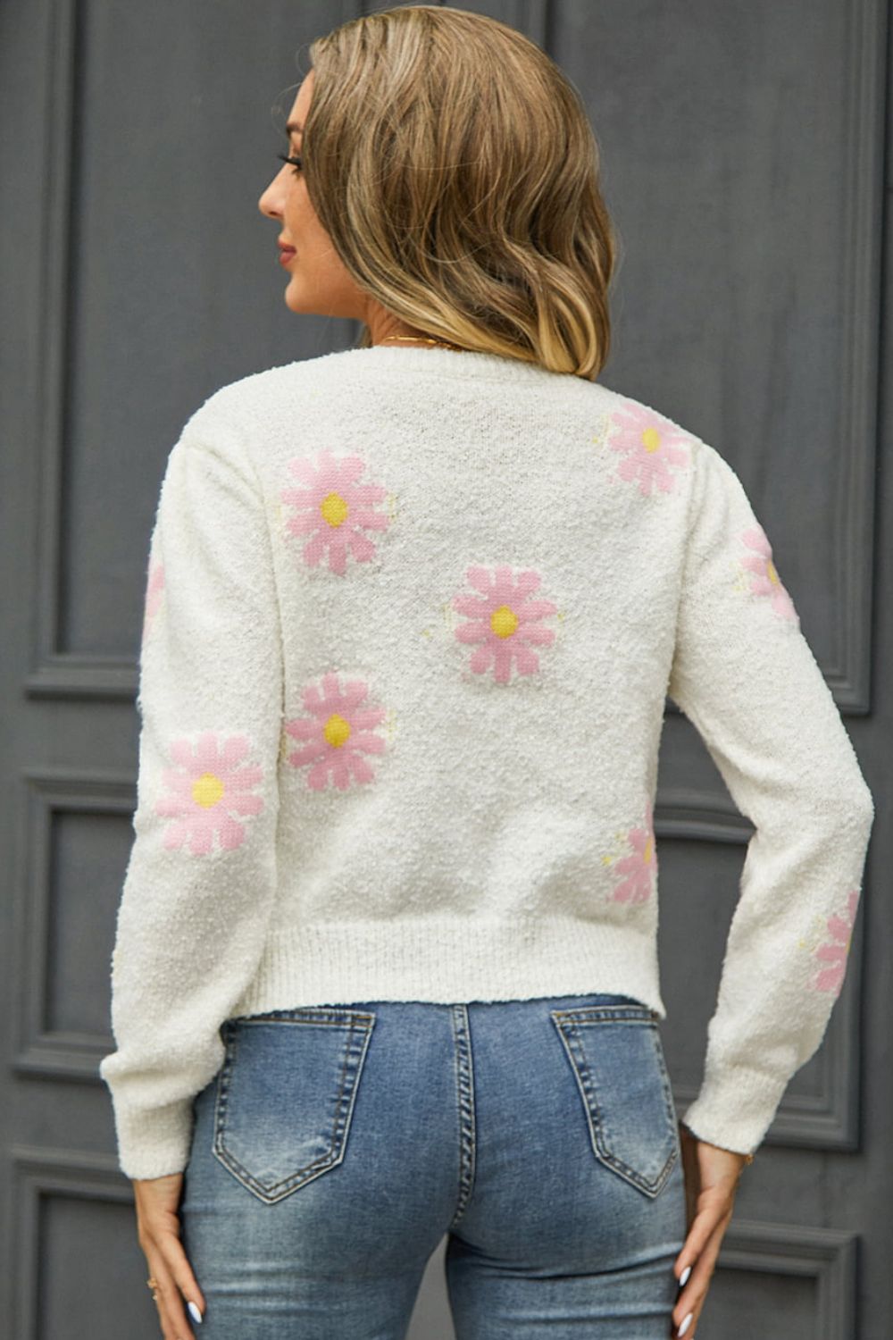 Flower  Round Neck Short Sleeve Pullover Sweater