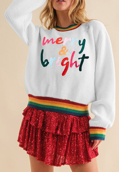 Merry & Bright Christmas Ribbed Round Neck Sweater