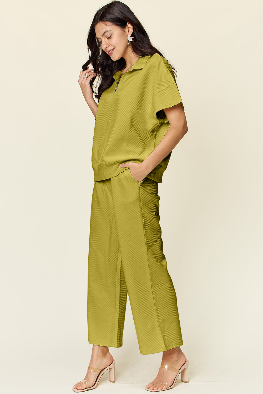 Textured Half Zip Short Sleeve Top and Pants Set