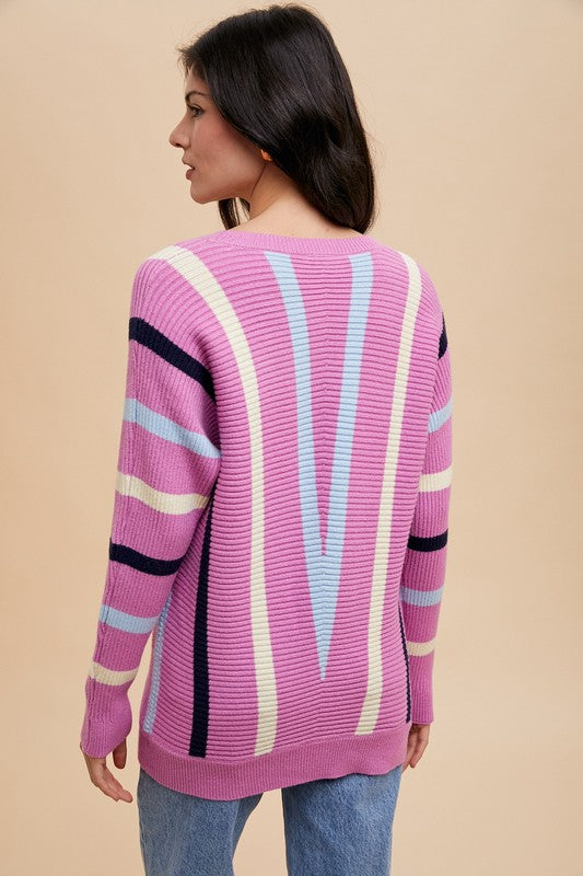 Chevron Stripe Round Neck Ribbed Sweater