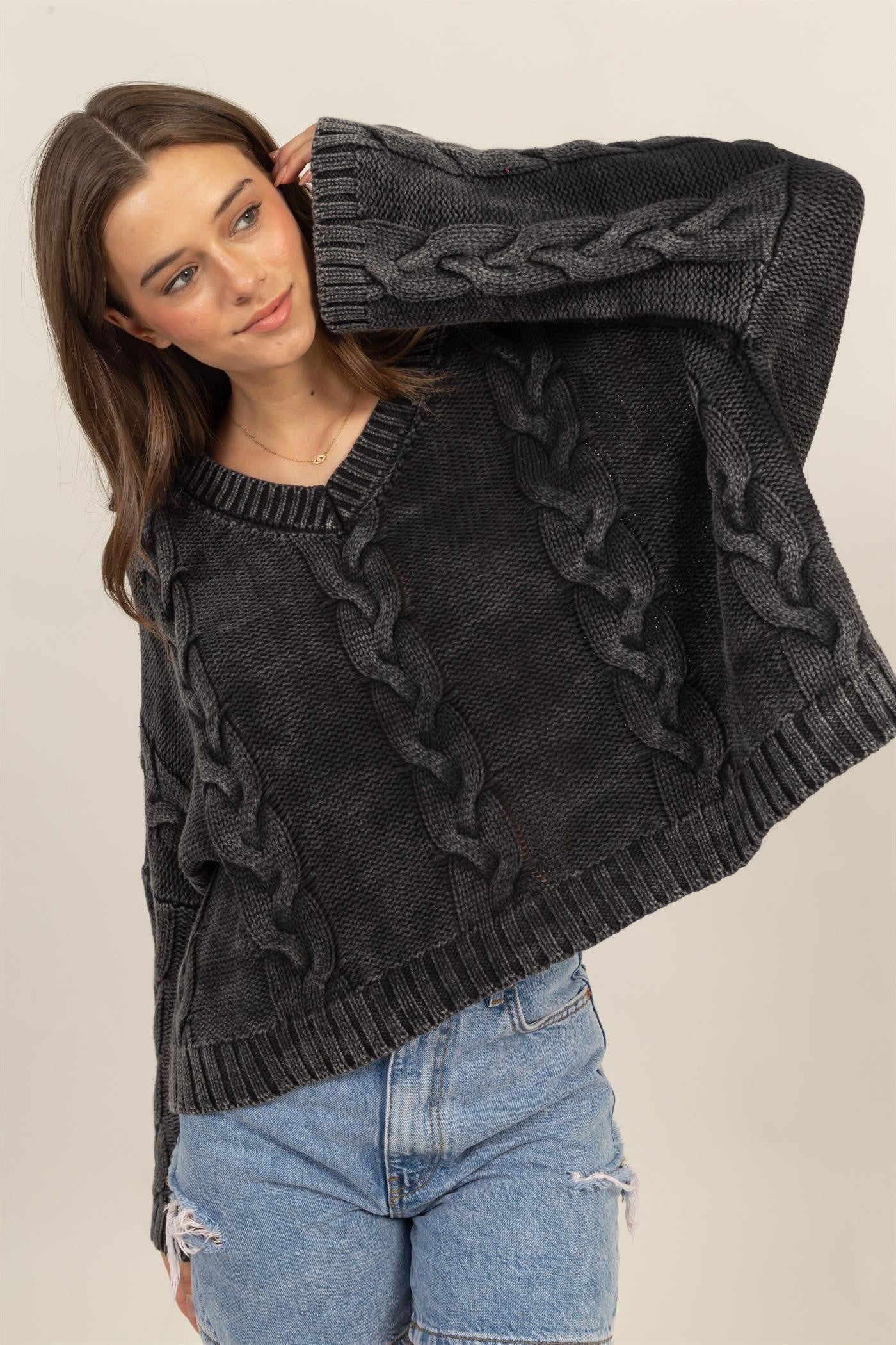 Cable Knit V-Neck Dropped Shoulder Oversized Sweater