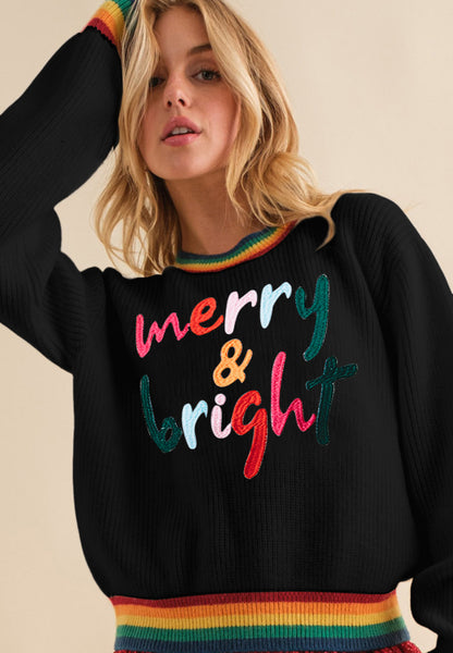 Merry & Bright Christmas Ribbed Round Neck Sweater