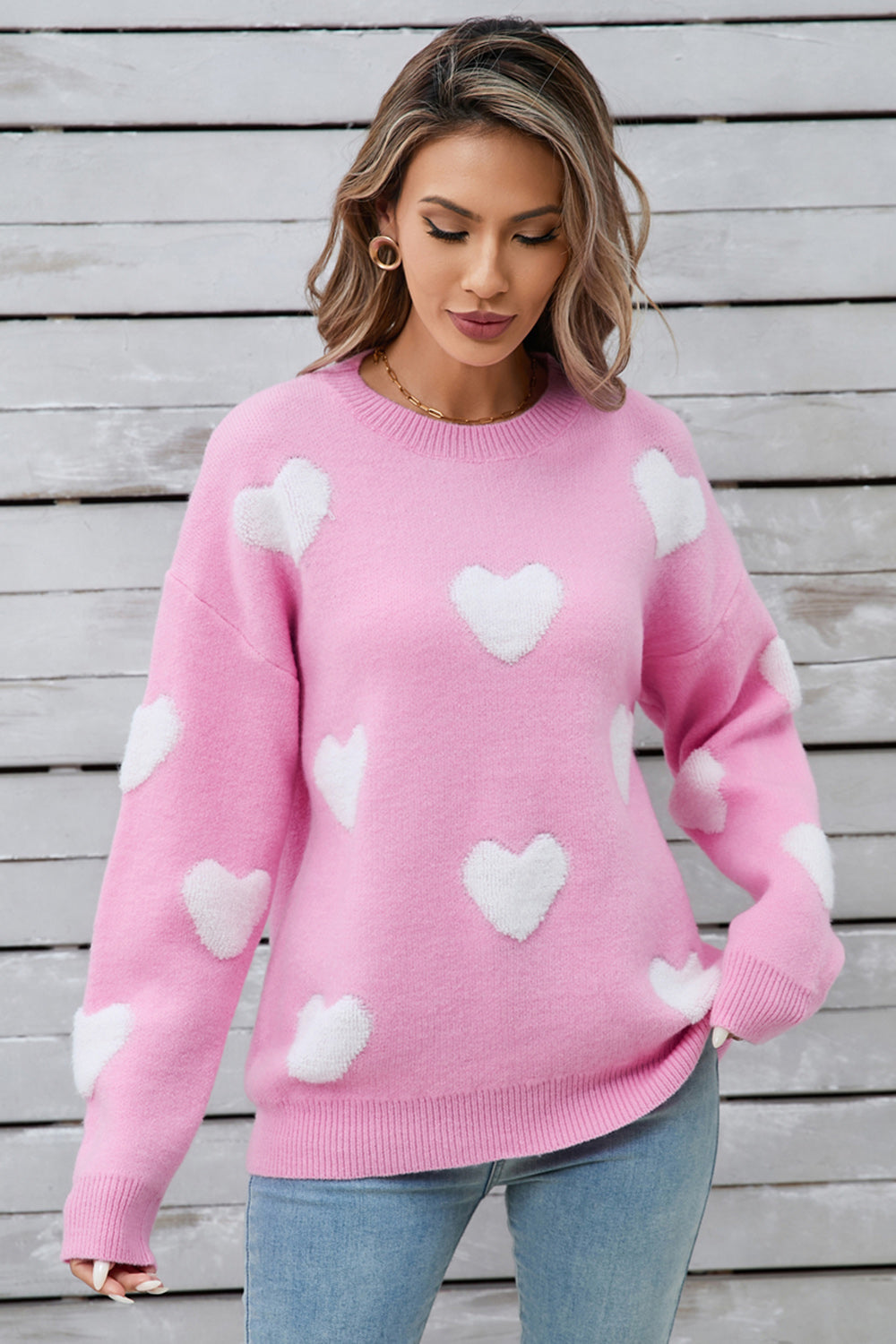 Heart Round Neck Long Sleeve Sweater