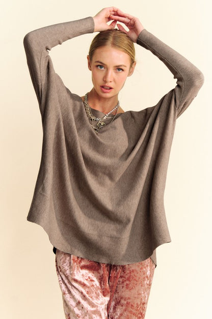 Round Neck Dropped Shoulder Long Sleeve Knit Top