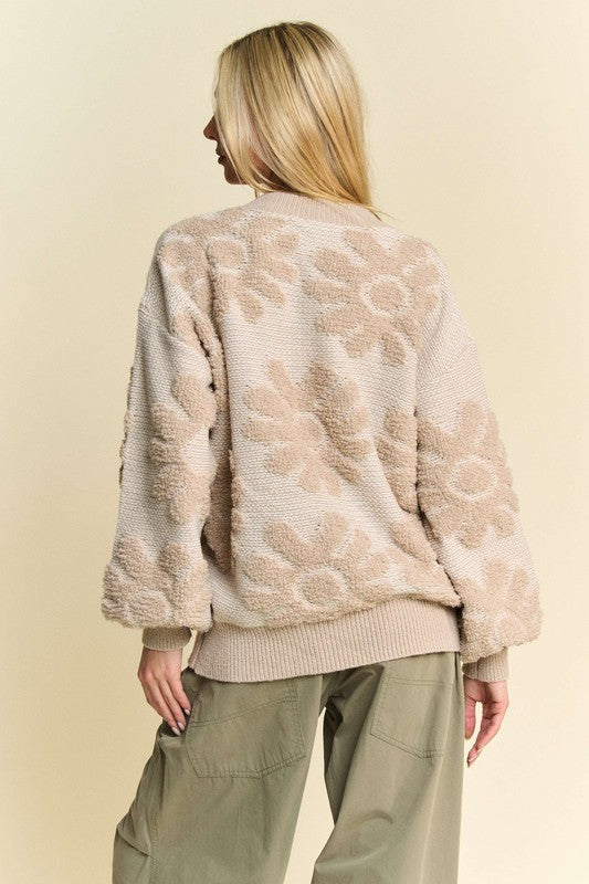 Flower Texture Round Neck Dropped Shoulder Sweater