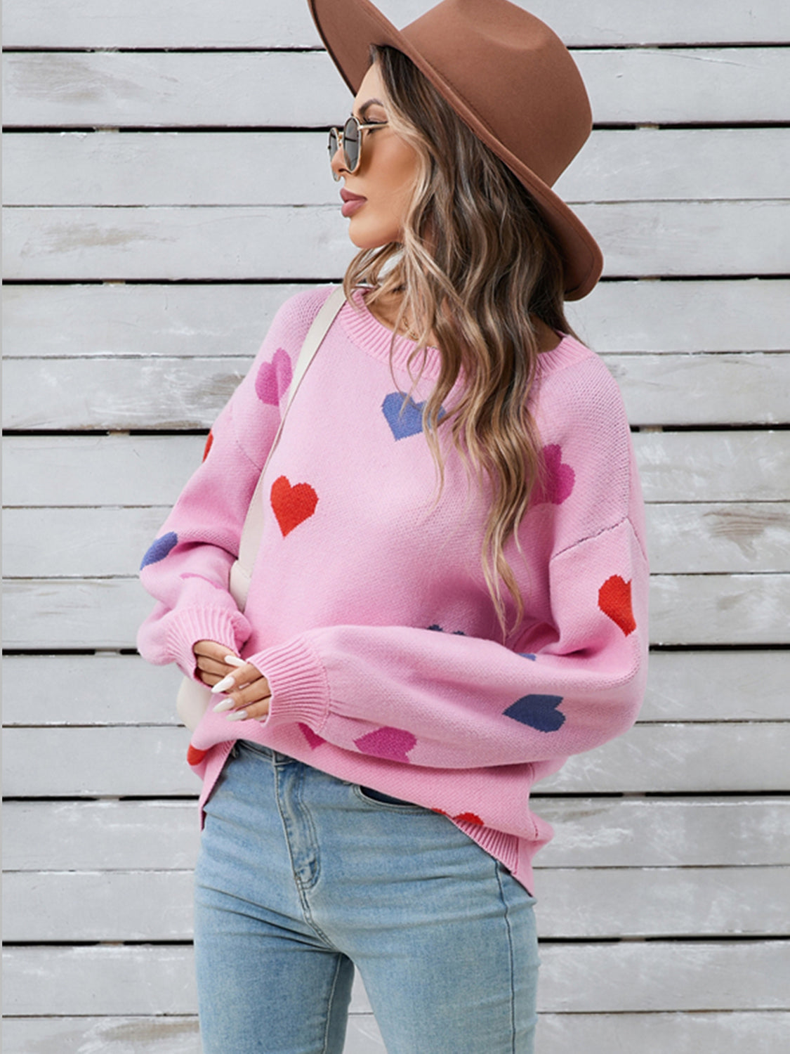 Heart Round Neck Long Sleeve Sweater