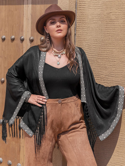 Plus Geometric Open Front Fringe Hem Cardigan