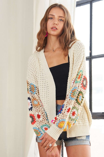 Plus Contrast Crochet Open Front Long Sleeve Cardigan