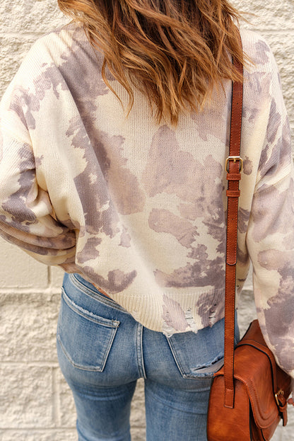 Tie-Dye Distressed Round Neck Sweater