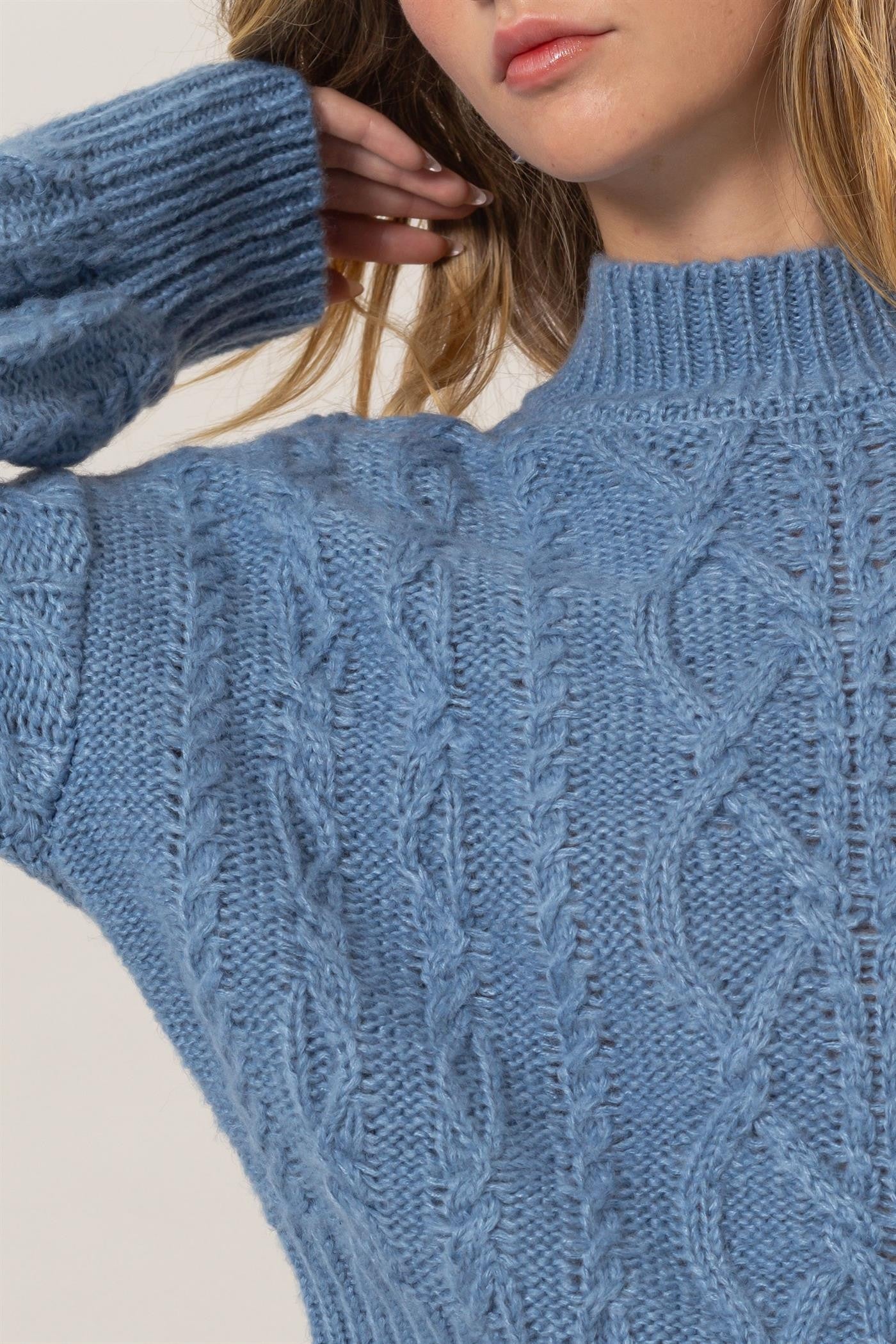 Cable-Knit Mock Neck Dropped Shoulder Sweater