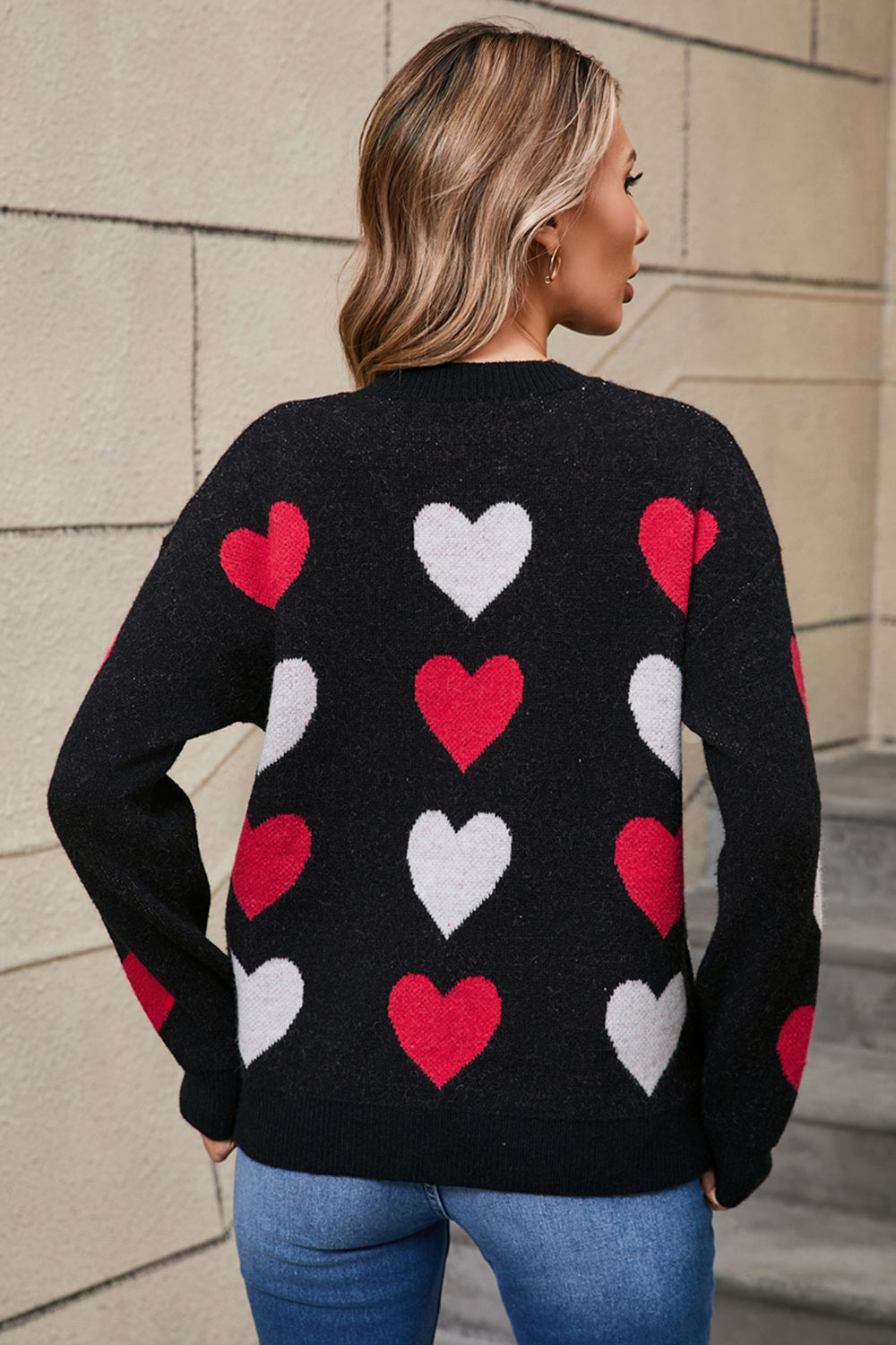 Heart Round Neck Long Sleeve Sweater