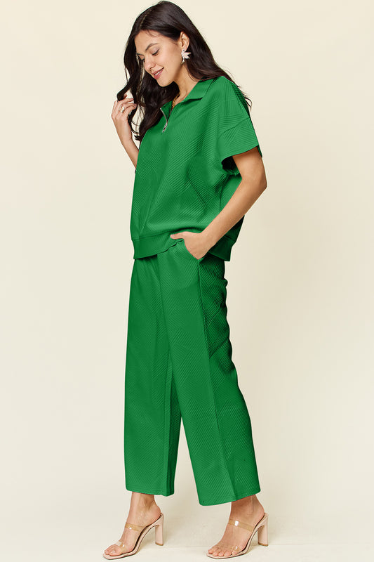 Textured Half Zip Short Sleeve Top and Pants Set