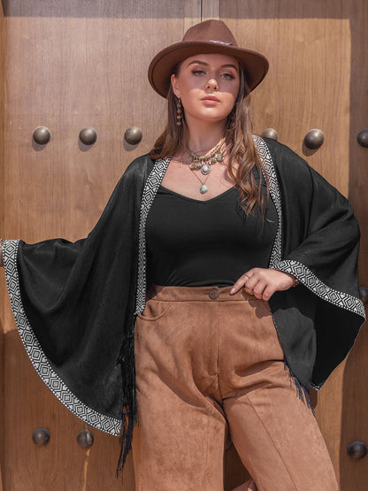 Plus Geometric Open Front Fringe Hem Cardigan