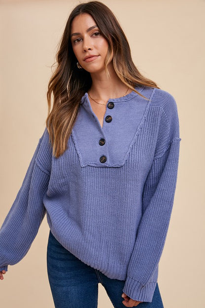 Half Button Ribbed Hem Sweater