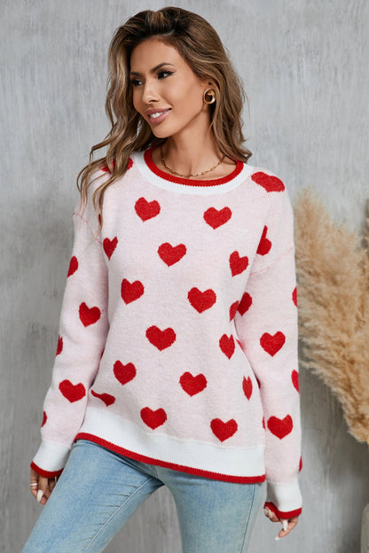 Contrast Trim Heart Round Neck Sweater