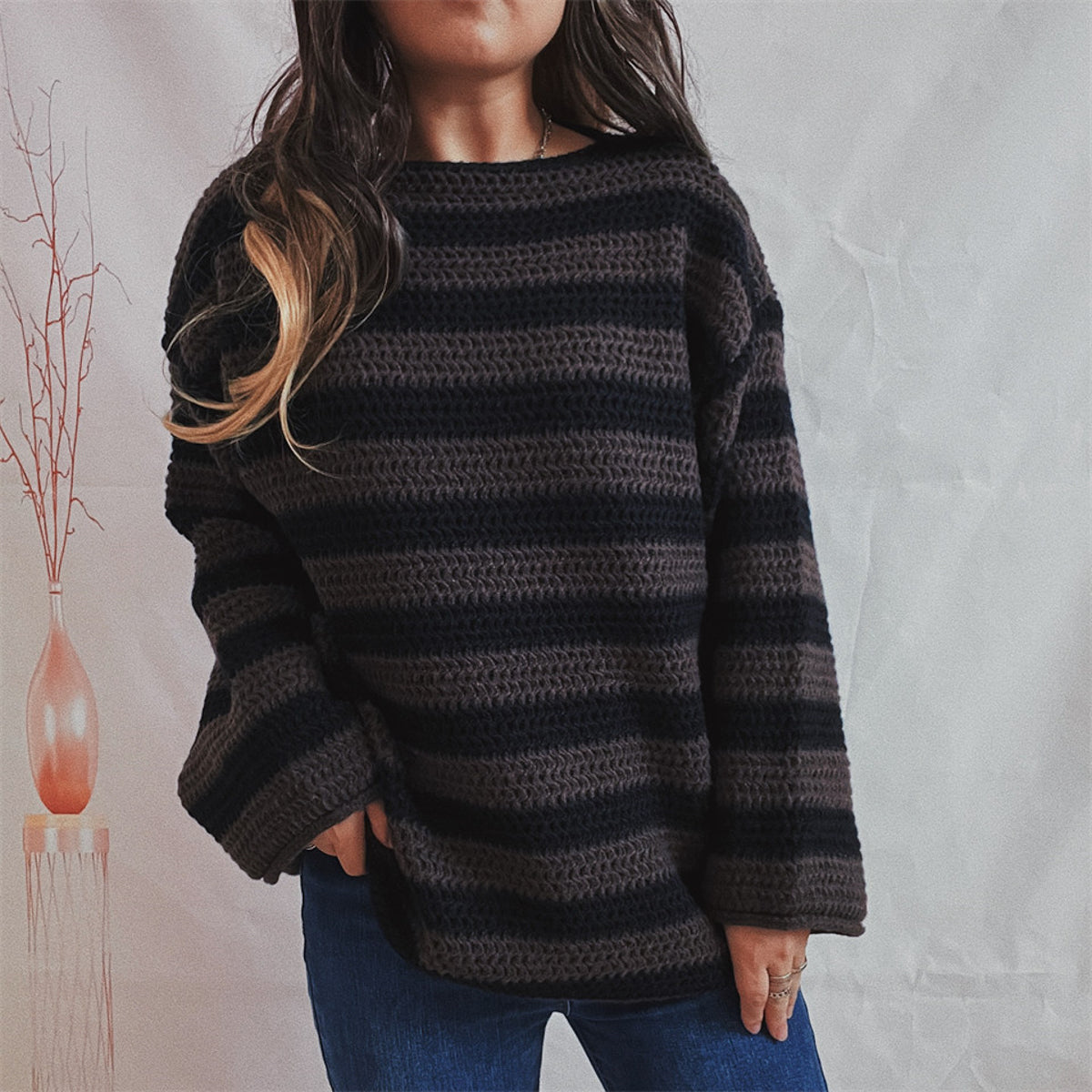 Striped Round Neck Long Sleeve Sweater