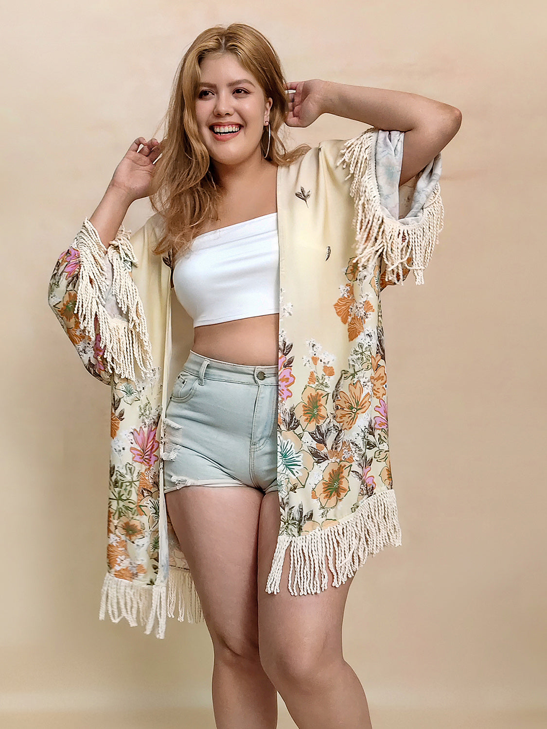 Plus Fringe Printed Open Front Cardigan