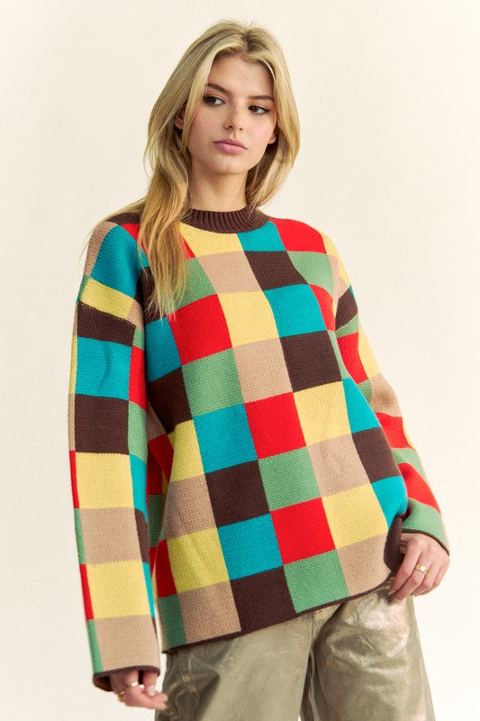 Color Block Checkered Dropped Shoulder Sweater