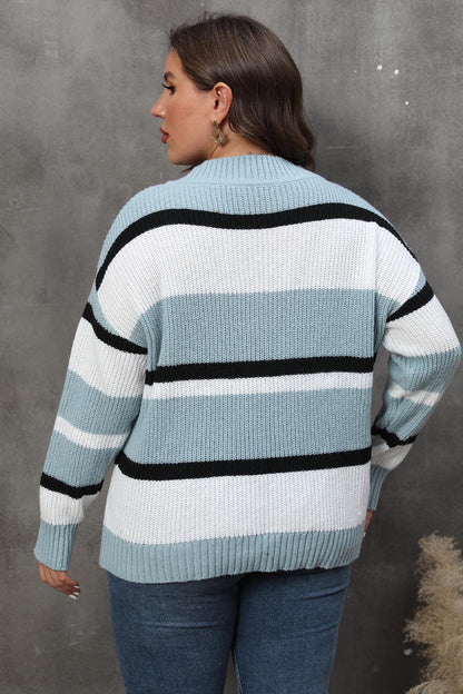 Plus Striped V-Neck Dropped Shoulder Sweater