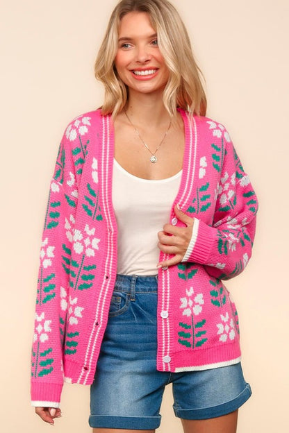 Floral Jacquard V-Neck Button Up Cardigan