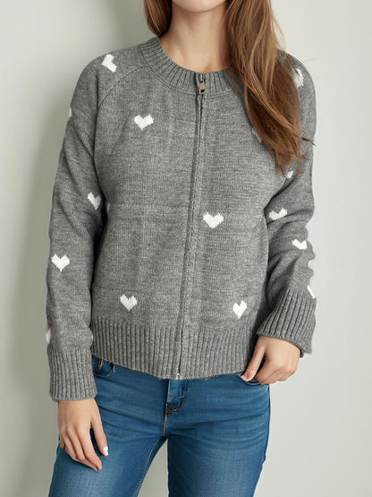 Heart Round Neck Zip Up Cardigan