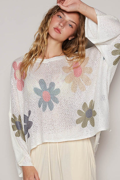 Flower Dropped Shoulder Long Sleeve Knit Top