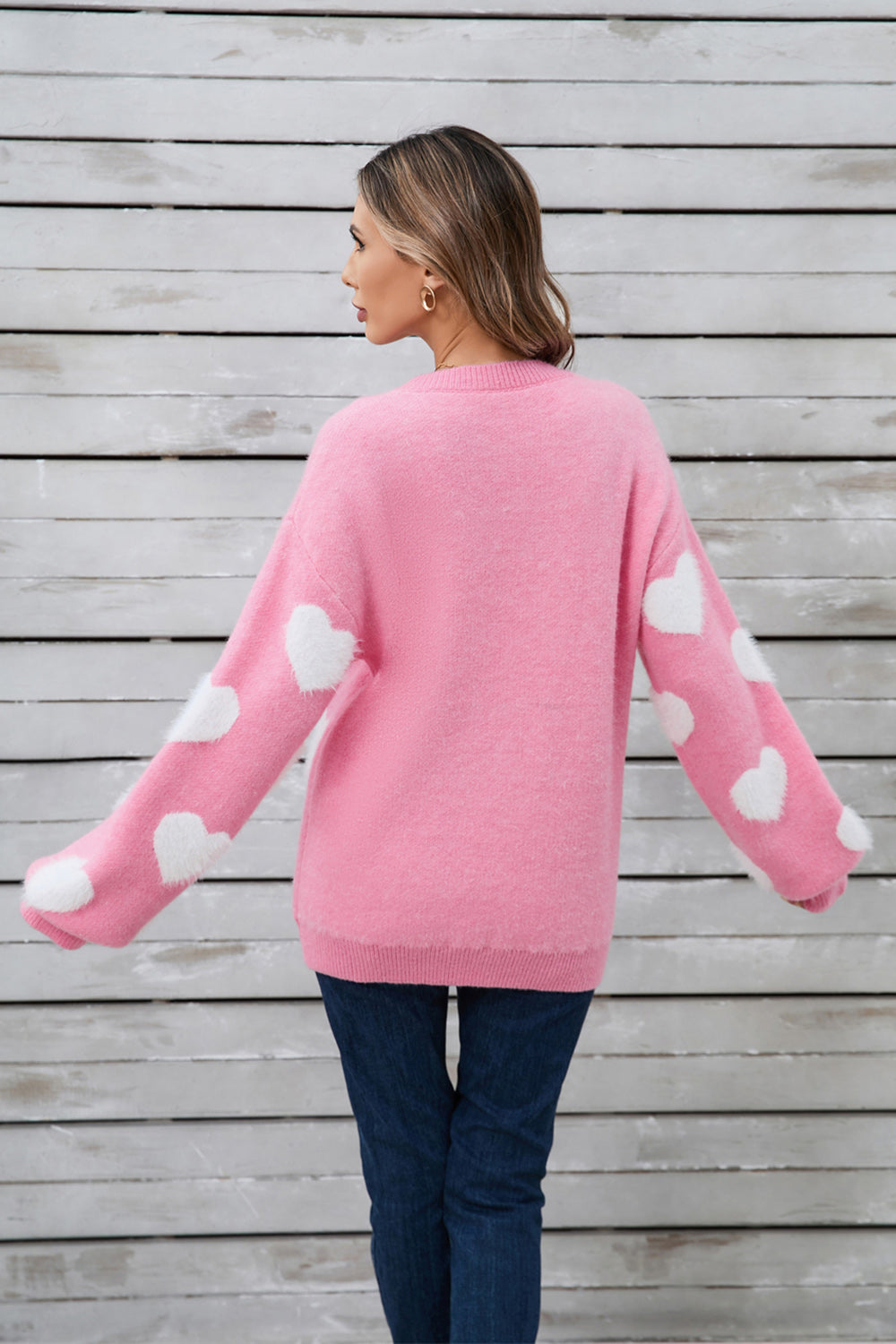 Heart Dropped Shoulder Long Sleeve Sweater