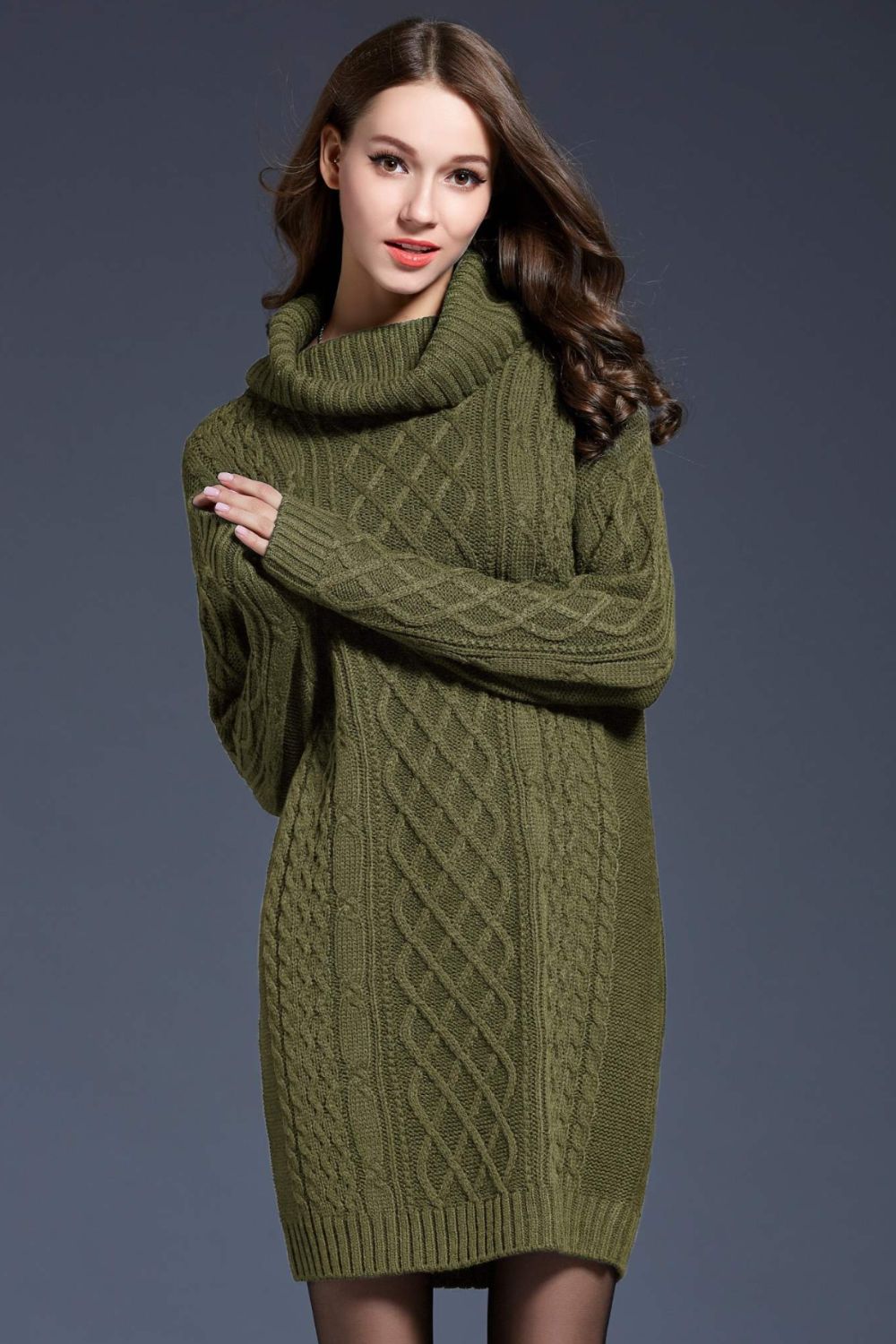 Mixed Knit Cowl Neck Dropped Shoulder Sweater Dress