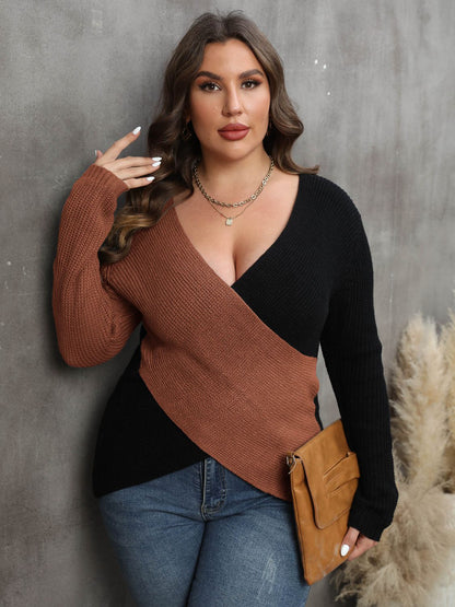 Plus Two-Tone Surplice Neck Sweater