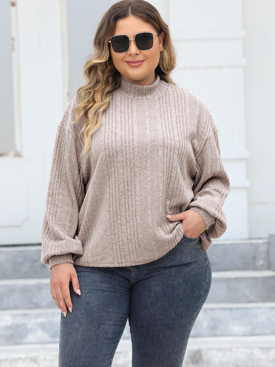 Plus Mock Neck Long Sleeve Knit Top