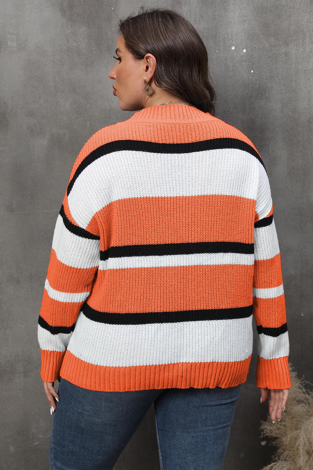 Plus Striped V-Neck Dropped Shoulder Sweater