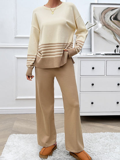 Slit Striped Round Neck Top and Pants Sweater Set