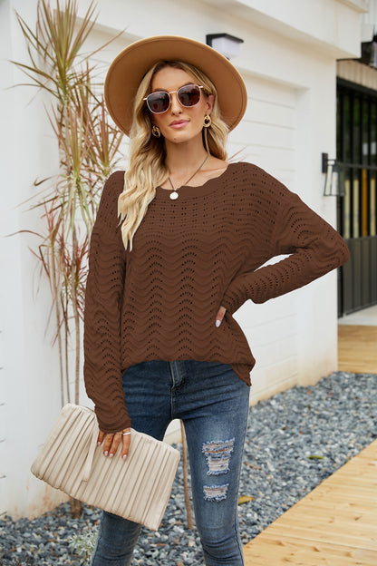 Scalloped Boat Neck Openwork Tunic Sweater