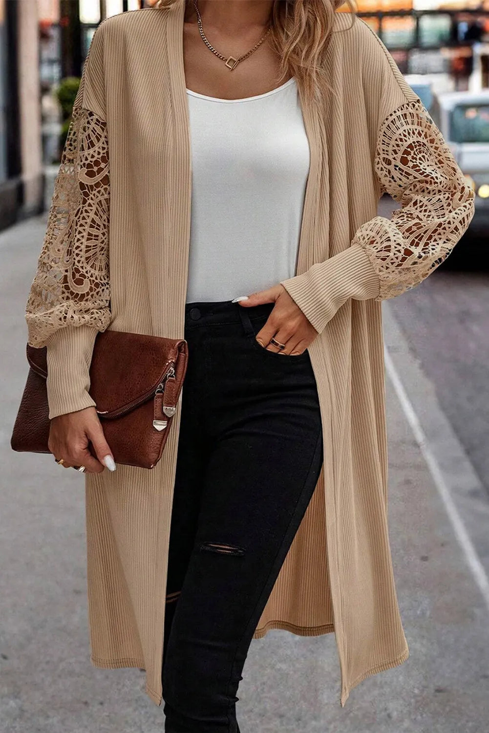 Open Front Lace Lantern Sleeve Cardigan