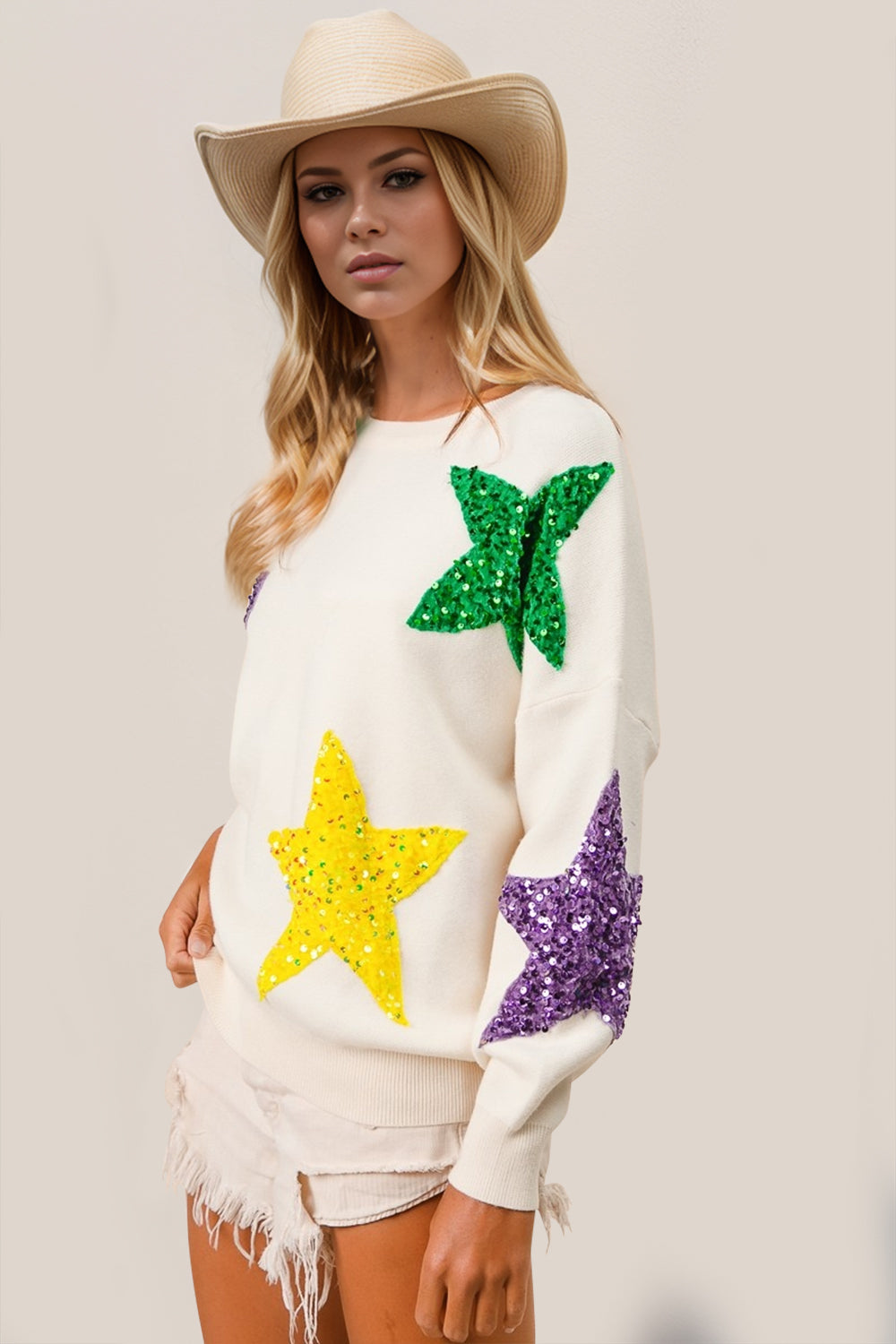 Sequin Star Round Neck Dropped Shoulder Sweater