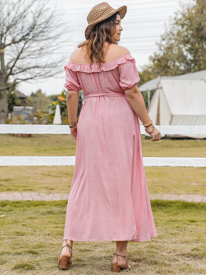 Plus Plaid Off-Shoulder Short Sleeve Midi Dress