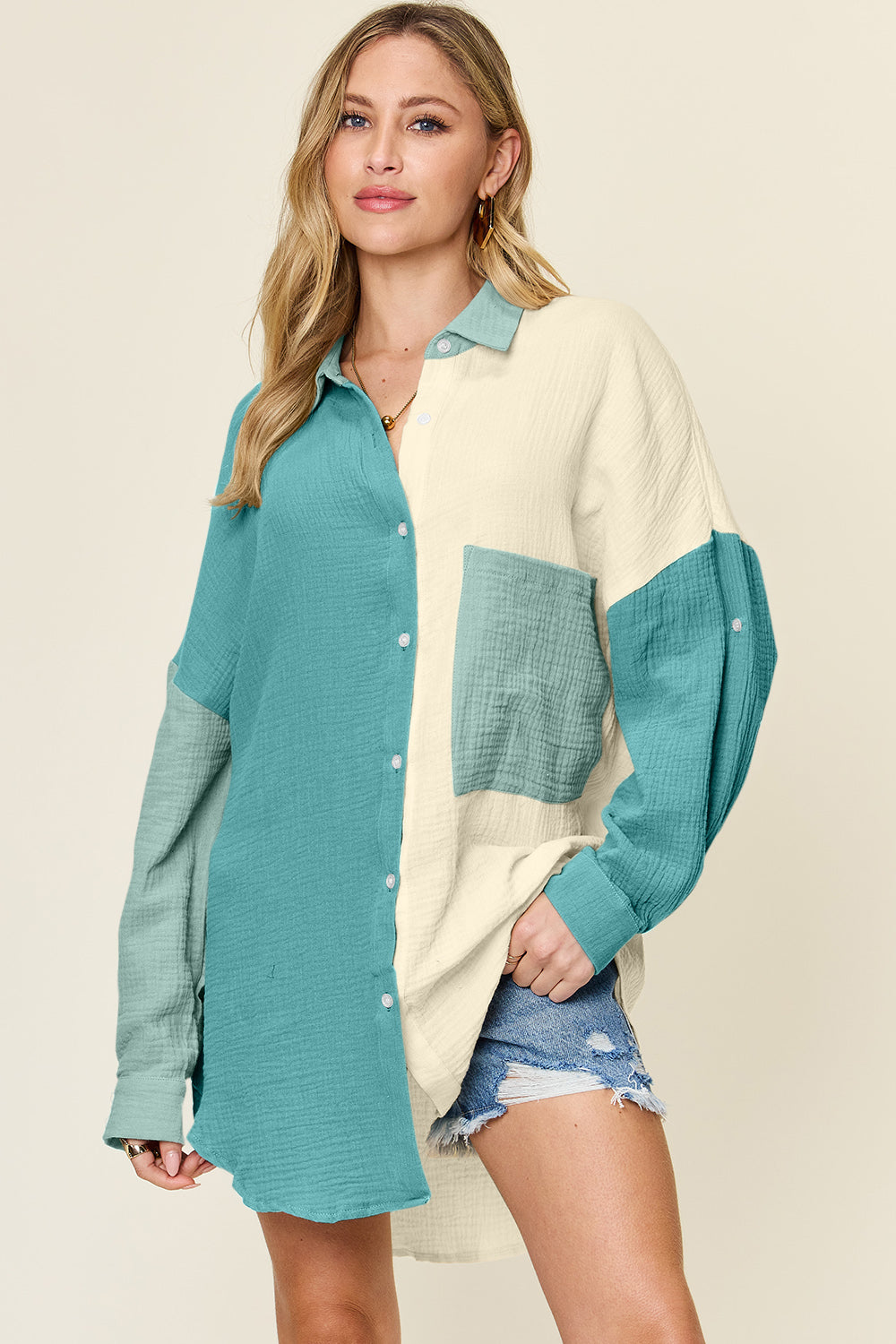 Pocketed Textured Button Up Shirt