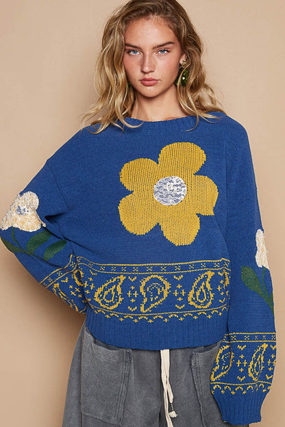 Flower Lace Patch Long Sleeve Sweater