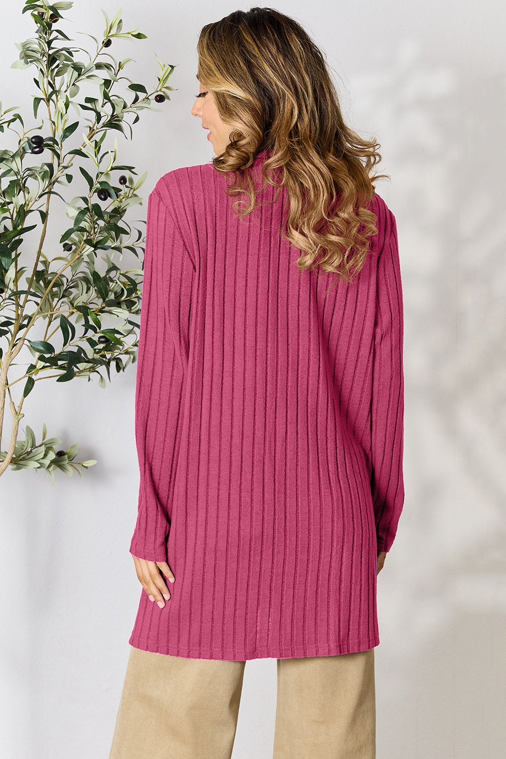 Ribbed Open Front Cardigan with Pockets